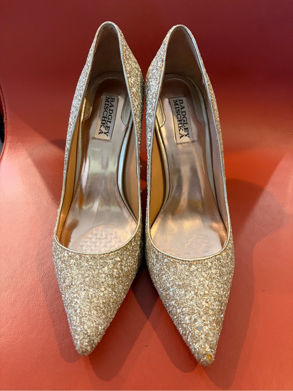 Badgley Mischka Glitter Gold Pointed Toe Pumps